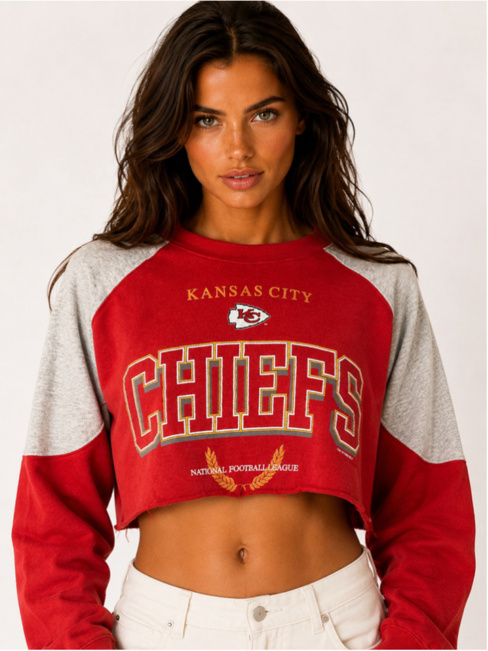 True Fan Vintage 1995 Kansas City Chiefs NFL Cropped Sweatshirt Red Gray L